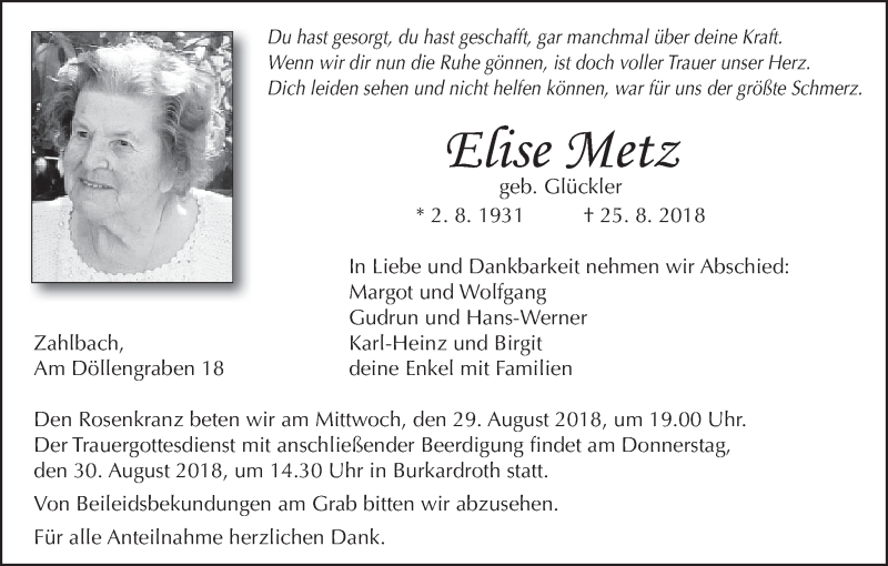 Traueranzeige für Elise Metz vom 28.08.2018 aus MGO