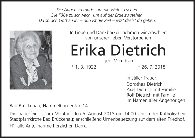  Traueranzeige für Erika Dietrich vom 02.08.2018 aus MGO