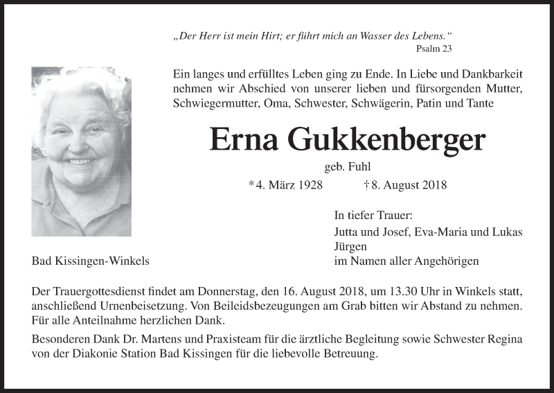  Traueranzeige für Erna Gukkenberger vom 11.08.2018 aus MGO