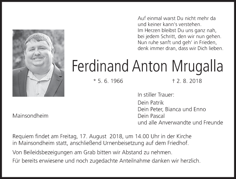  Traueranzeige für Ferdinand Anton Mrugalla vom 11.08.2018 aus MGO