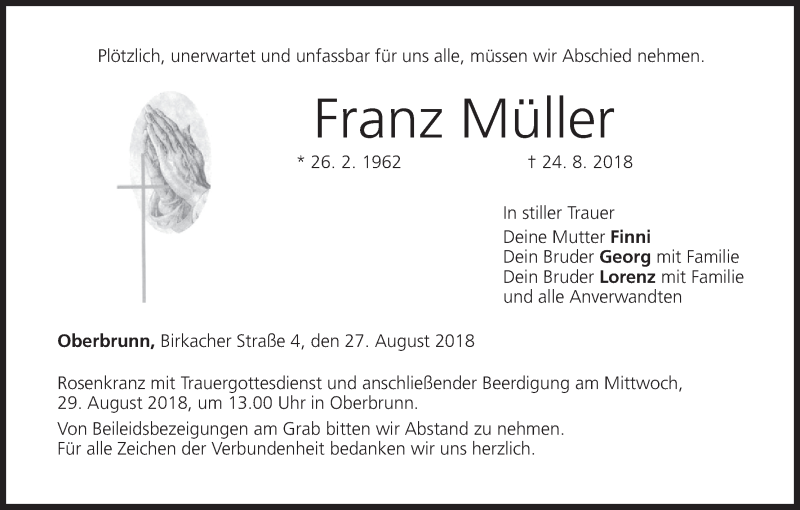  Traueranzeige für Franz Müller vom 27.08.2018 aus MGO
