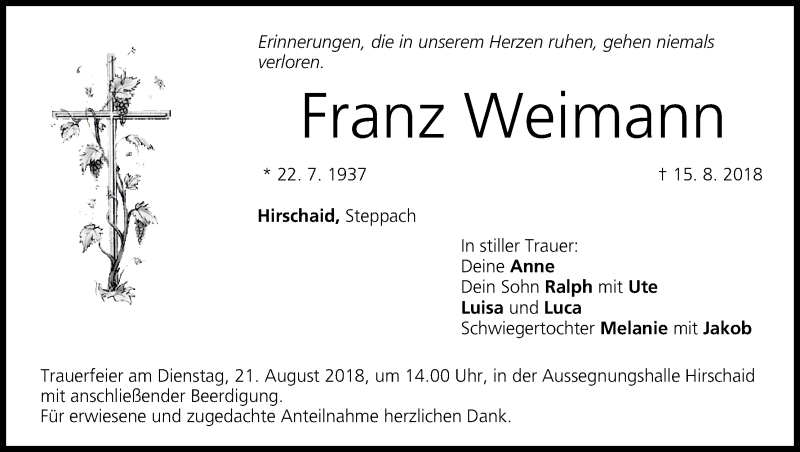  Traueranzeige für Franz Weimann vom 18.08.2018 aus MGO
