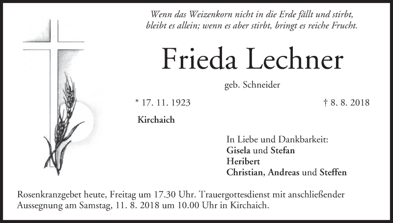  Traueranzeige für Frieda Lechner vom 10.08.2018 aus MGO