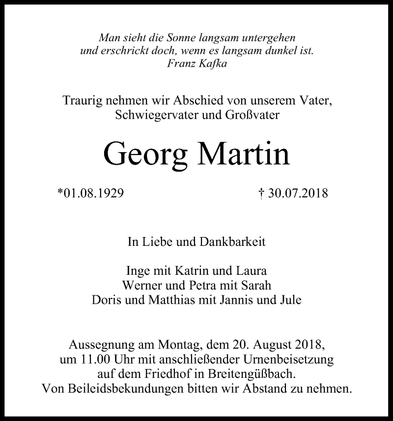  Traueranzeige für Georg Martin vom 11.08.2018 aus MGO