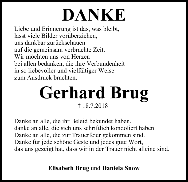  Traueranzeige für Gerhard Brug vom 11.08.2018 aus MGO
