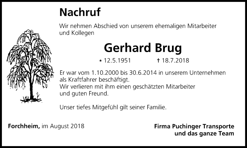  Traueranzeige für Gerhard Brug vom 04.08.2018 aus MGO