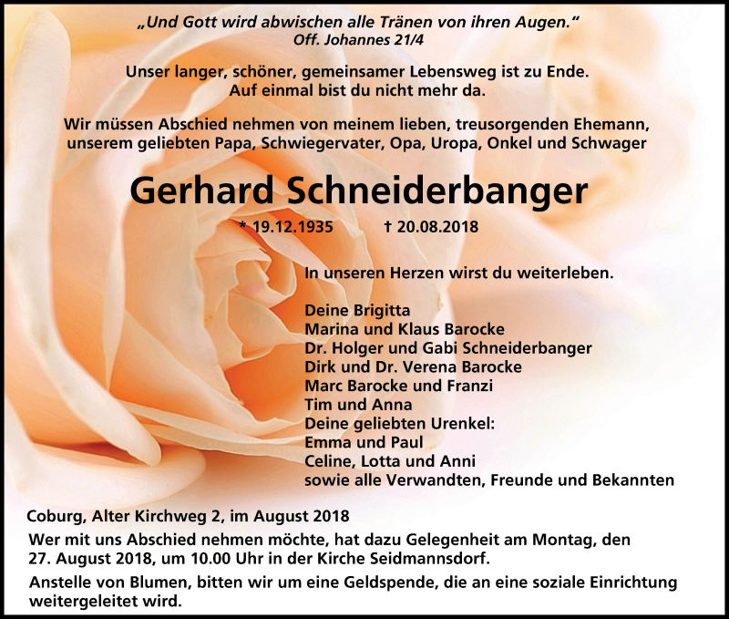  Traueranzeige für Gerhard Schneiderbanger vom 25.08.2018 aus MGO