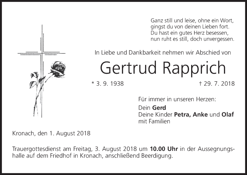  Traueranzeige für Gertrud Rapprich vom 01.08.2018 aus MGO