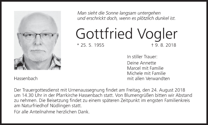  Traueranzeige für Gottfried Vogler vom 21.08.2018 aus MGO