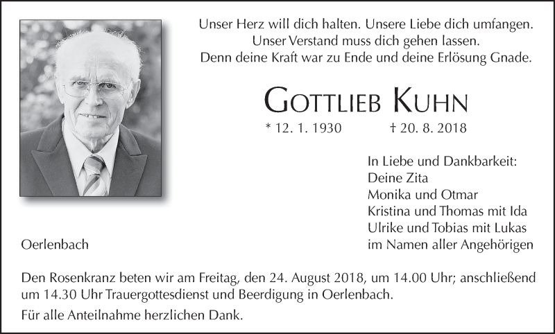  Traueranzeige für Gottlieb  Kuhn vom 22.08.2018 aus MGO