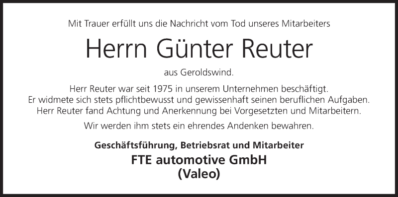  Traueranzeige für Günter Reuter vom 03.08.2018 aus MGO