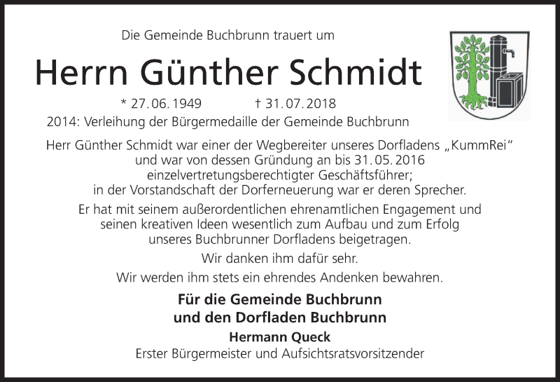  Traueranzeige für Günther Schmidt vom 04.08.2018 aus MGO