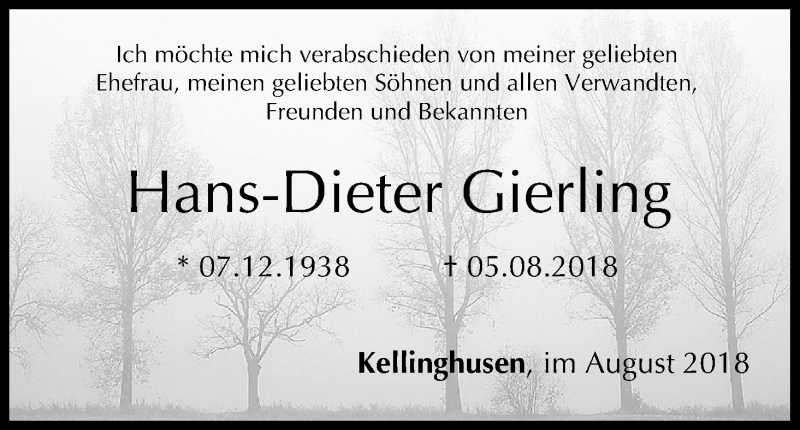  Traueranzeige für Hans-Dieter Gierling vom 11.08.2018 aus MGO