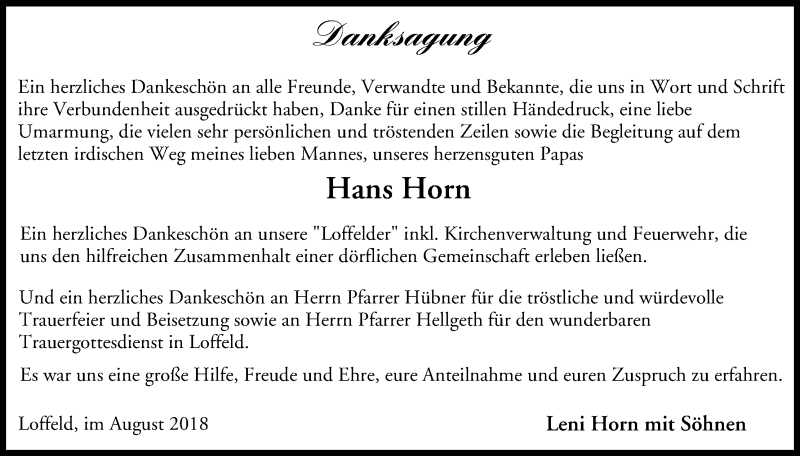  Traueranzeige für Hans Horn vom 18.08.2018 aus MGO