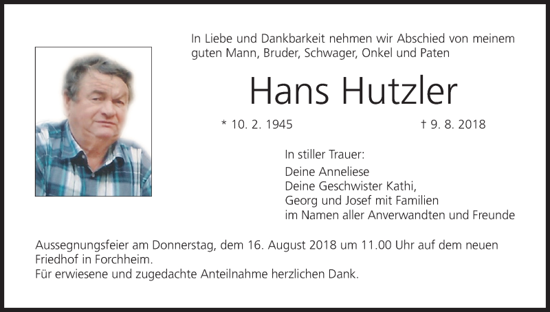  Traueranzeige für Hans Hutzler vom 11.08.2018 aus MGO