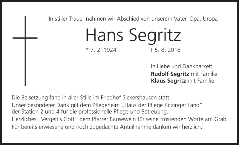  Traueranzeige für Hans Segritz vom 18.08.2018 aus MGO