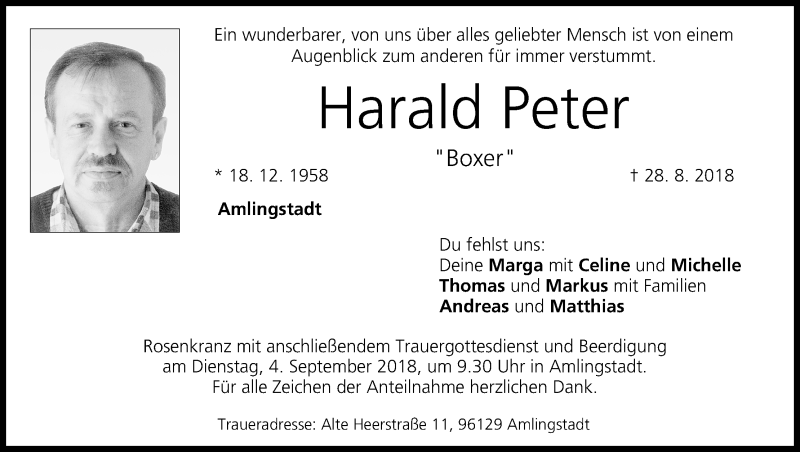  Traueranzeige für Harald Peter vom 31.08.2018 aus MGO
