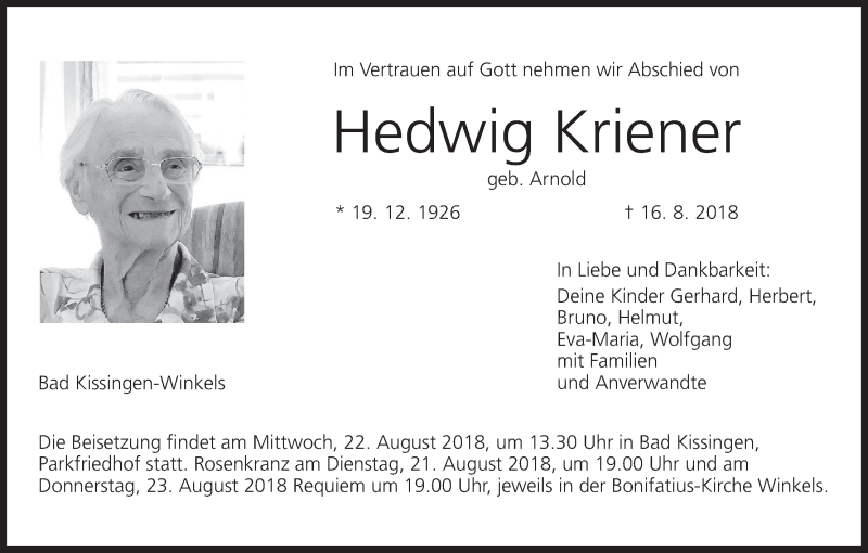 Traueranzeige für Hedwig Kriener vom 20.08.2018 aus MGO