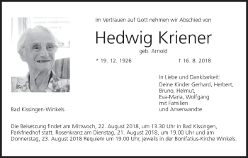 Anzeige von Hedwig Kriener von MGO
