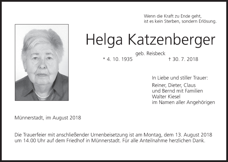  Traueranzeige für Helga Katzenberger vom 08.08.2018 aus MGO