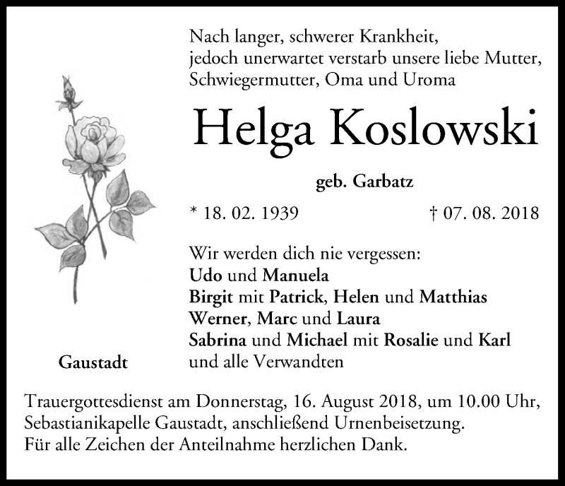  Traueranzeige für Helga Koslowski vom 11.08.2018 aus MGO