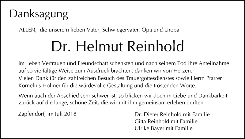  Traueranzeige für Helmut Reinhold vom 03.08.2018 aus MGO