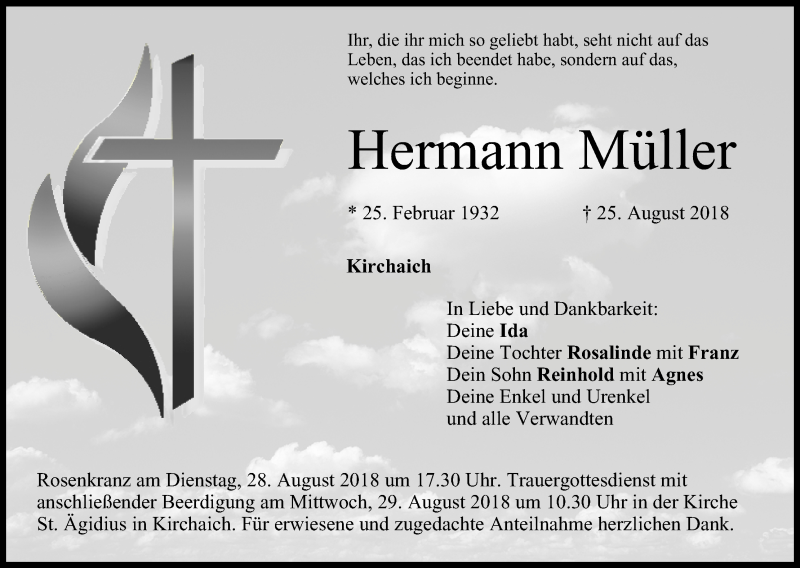  Traueranzeige für Hermann Müller vom 27.08.2018 aus MGO