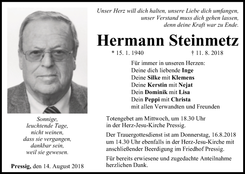  Traueranzeige für Hermann Steinmetz vom 14.08.2018 aus MGO