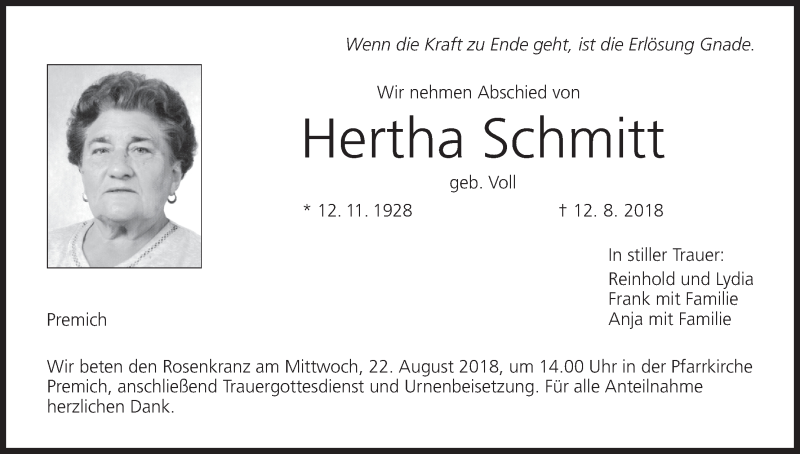  Traueranzeige für Hertha Schmitt vom 18.08.2018 aus MGO