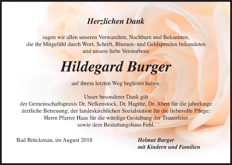  Traueranzeige für Hildegard Burger vom 11.08.2018 aus MGO