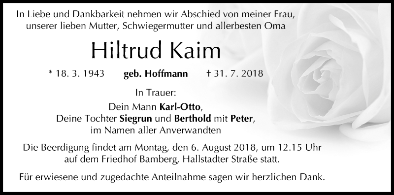  Traueranzeige für Hiltrud Kaim vom 04.08.2018 aus MGO