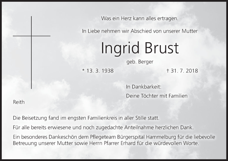  Traueranzeige für Ingrid Brust vom 11.08.2018 aus MGO