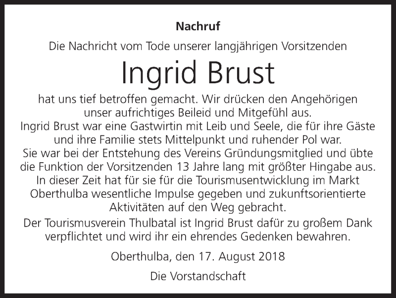  Traueranzeige für Ingrid Brust vom 17.08.2018 aus MGO