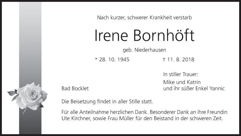  Traueranzeige für Irene Bornhöft vom 18.08.2018 aus MGO