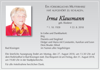 Anzeige von Irma Klausmann von MGO