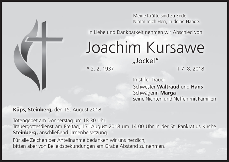  Traueranzeige für Joachim Kursawe vom 15.08.2018 aus MGO