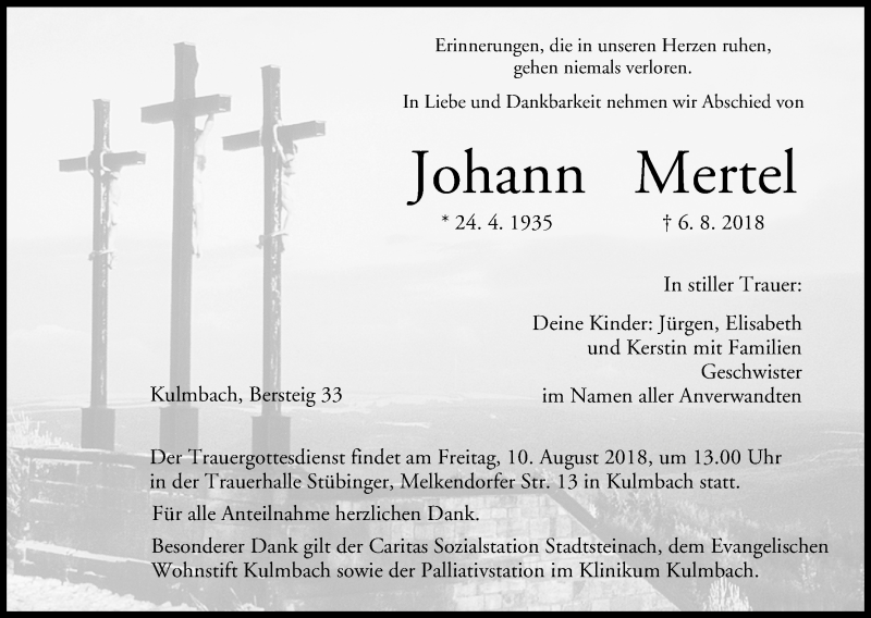  Traueranzeige für Johann Mertel vom 08.08.2018 aus MGO