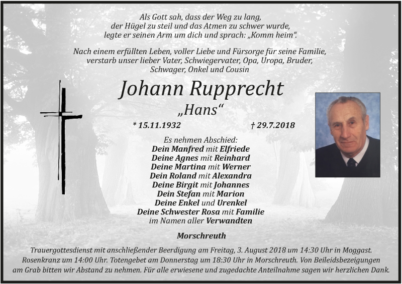  Traueranzeige für Johann Rupprecht vom 01.08.2018 aus MGO