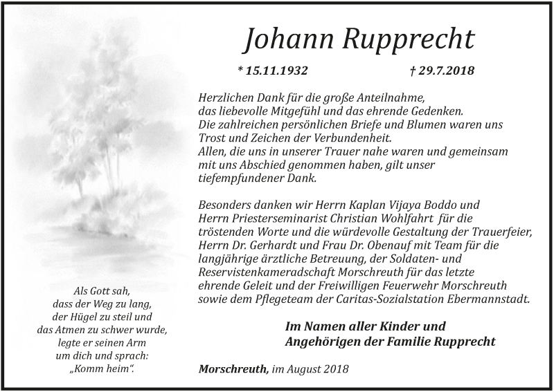  Traueranzeige für Johann Rupprecht vom 18.08.2018 aus MGO