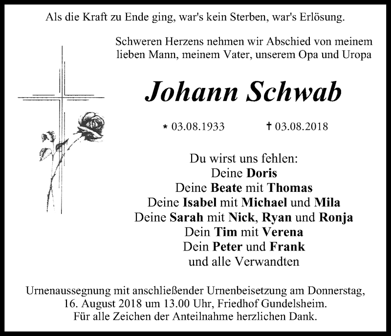  Traueranzeige für Johann Schwab vom 13.08.2018 aus MGO