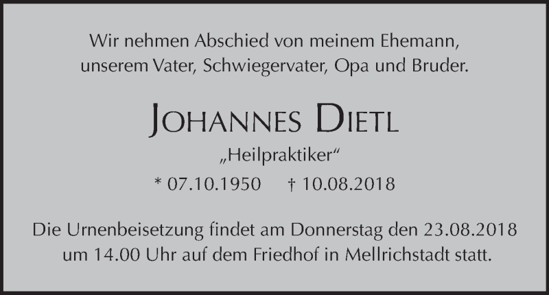  Traueranzeige für Johannes Dietl vom 18.08.2018 aus MGO