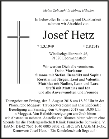 Anzeige von Josef Hetz von MGO