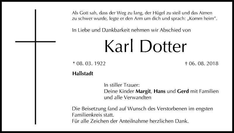  Traueranzeige für Karl Dotter vom 18.08.2018 aus MGO