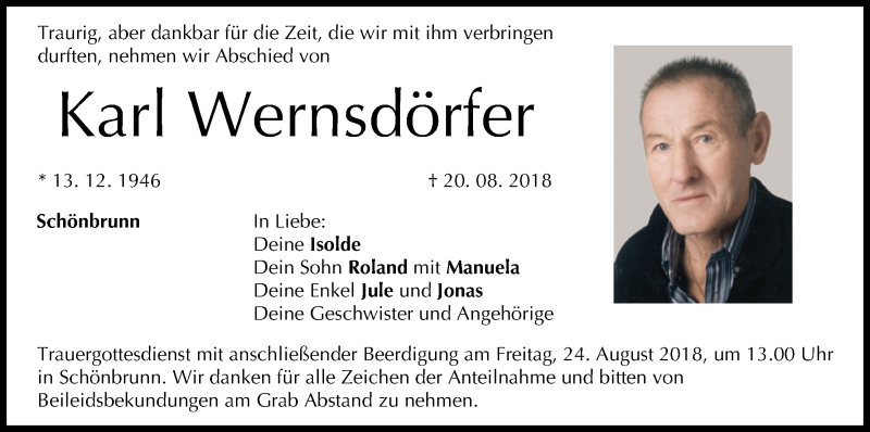  Traueranzeige für Karl Wernsdörfer vom 22.08.2018 aus MGO