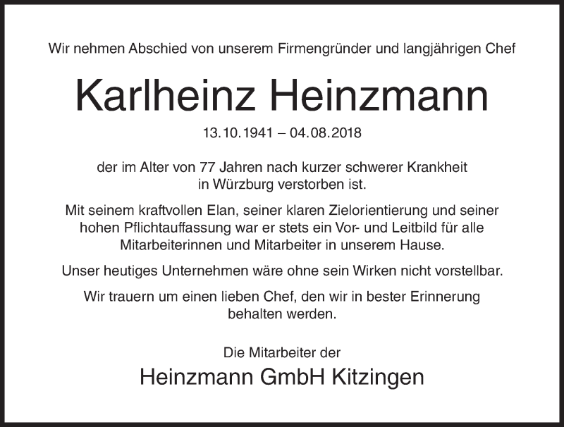  Traueranzeige für Karlheinz Heinzmann vom 07.08.2018 aus MGO
