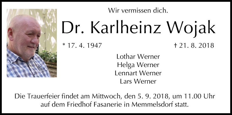  Traueranzeige für Karlheinz Wojak vom 01.09.2018 aus MGO