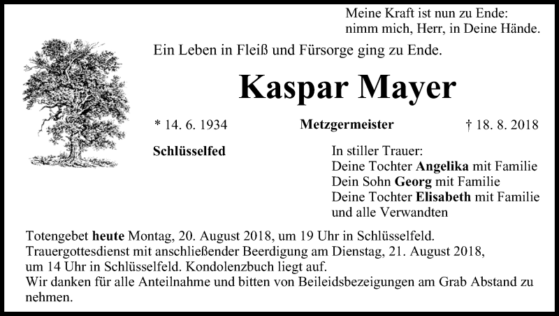  Traueranzeige für Kaspar Mayer vom 20.08.2018 aus MGO