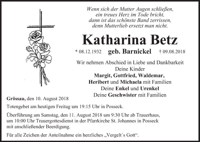  Traueranzeige für Katharina Betz vom 10.08.2018 aus MGO