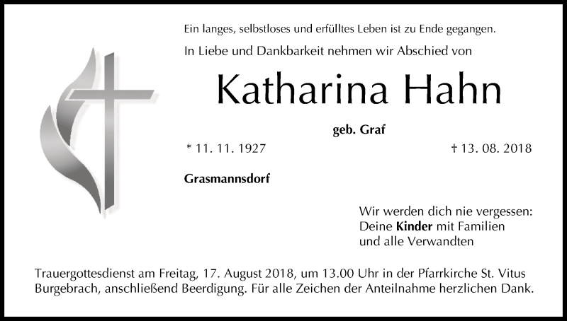 Traueranzeige für Katharina Hahn vom 15.08.2018 aus MGO