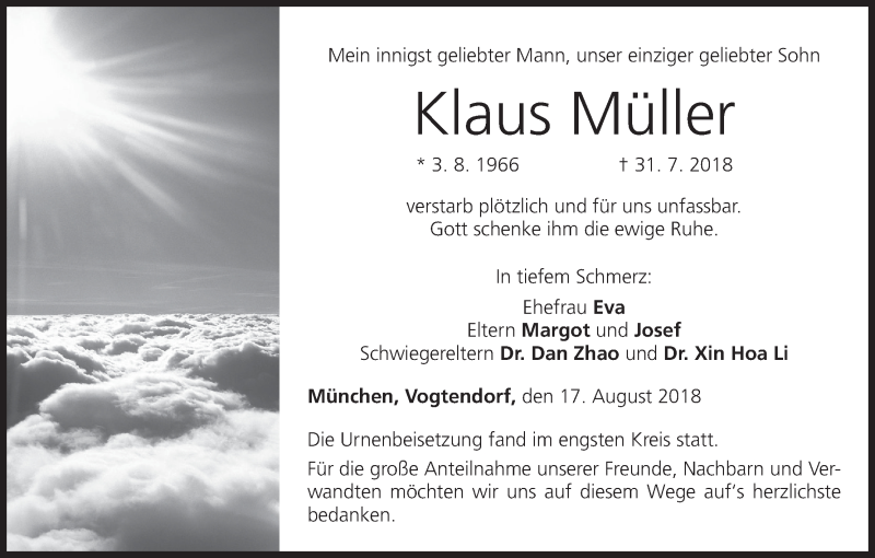  Traueranzeige für Klaus Müller vom 17.08.2018 aus MGO